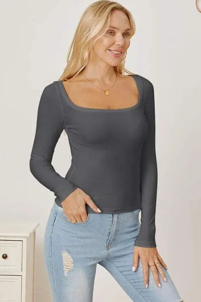 Square Neck Long Sleeve T-Shirt Women's T-Shirts - Tophatter Daily Deals